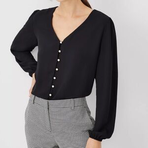 Ann Taylor Black V Neck Blouse with Pearl Buttons